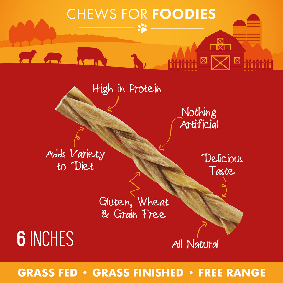 Single braided 6-inch lamb collagen stick with callouts: high in protein, grain free, all natural, nothing artificial