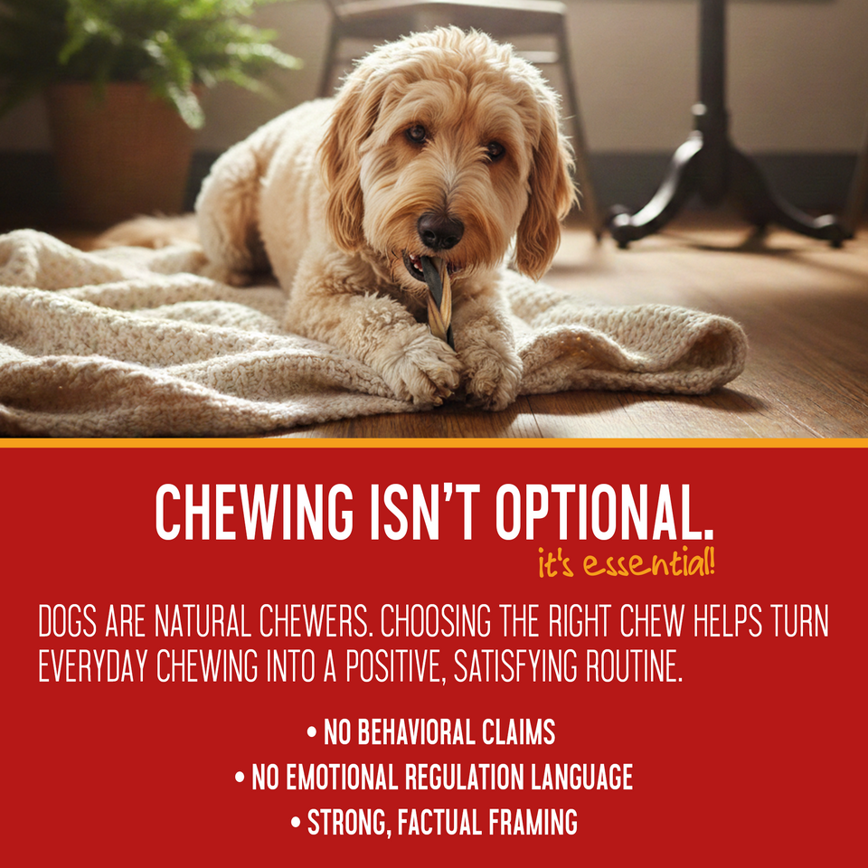 Dog relaxing with a lamb collagen stick — panel on making everyday chewing a positive, satisfying routine
