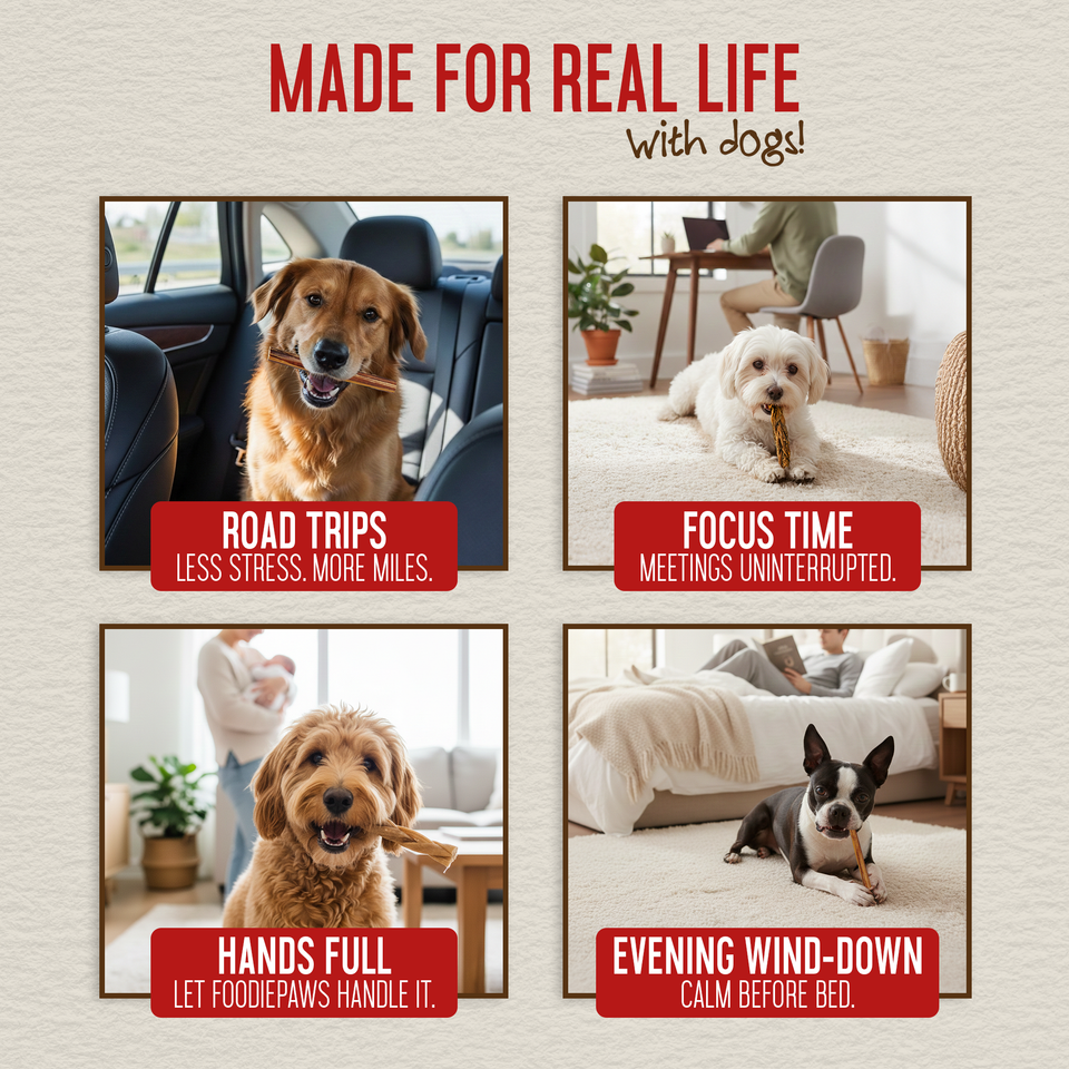 Four dogs enjoying lamb collagen sticks during road trips, focus time, busy moments, and evening wind-down