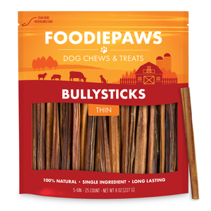 5-6-Inch Thin Bully Sticks (25 Count) in a resealable Foodiepaws bag with slim natural beef chews in front