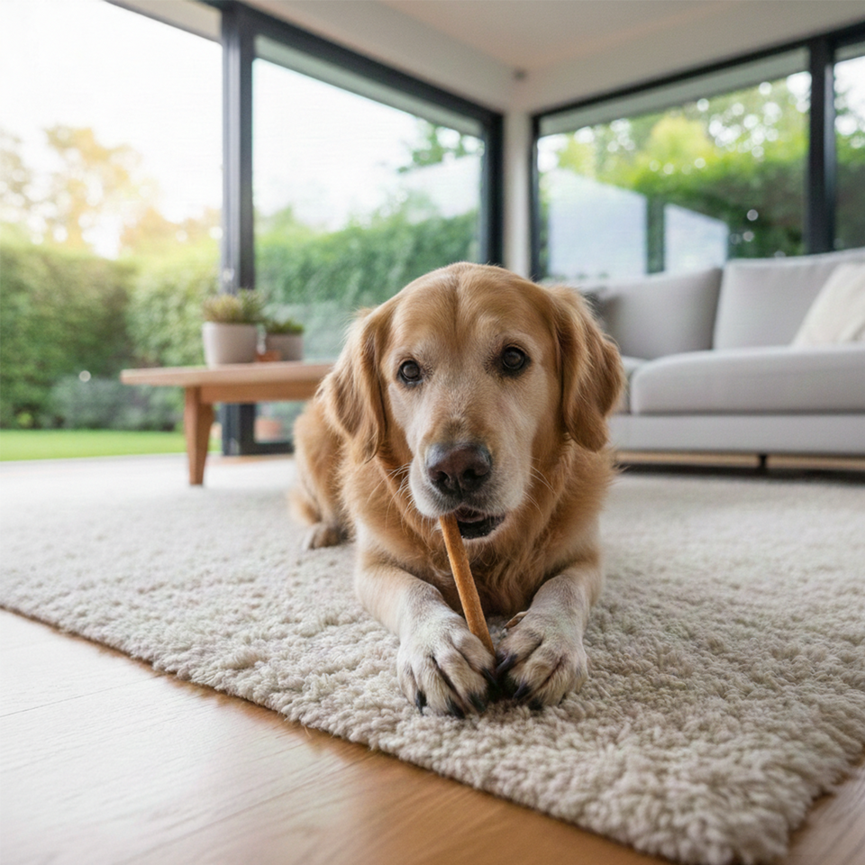 Dog chewing a 5-6-Inch Thin Bully Stick at home