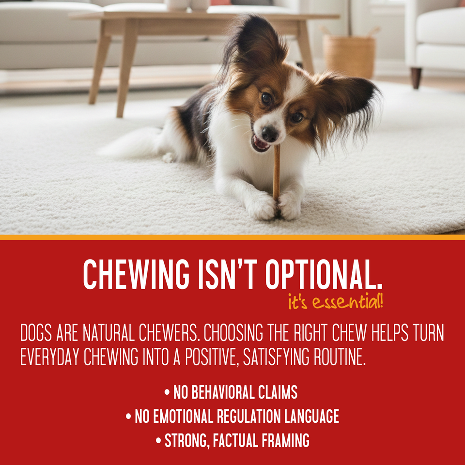 Dog enjoying a thin bully stick — panel on making everyday chewing a positive, satisfying routine