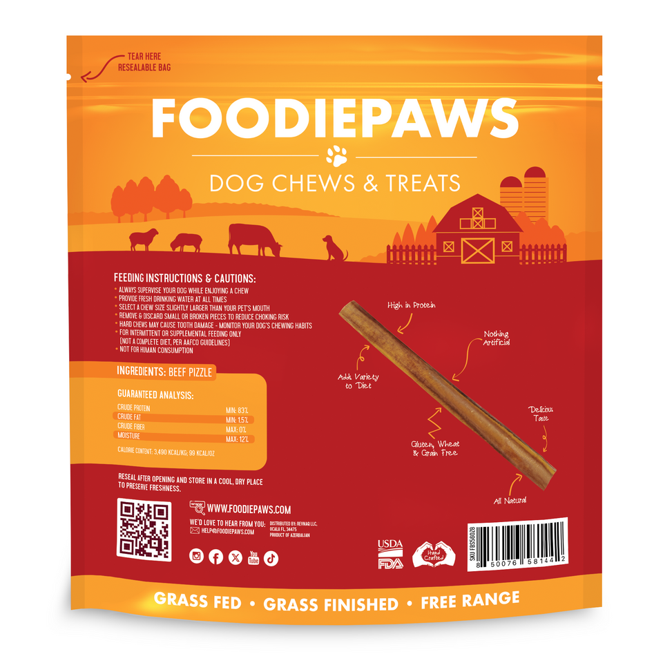 Back of the 5-6-Inch Thin Bully Sticks bag with feeding instructions, ingredients, and guaranteed analysis