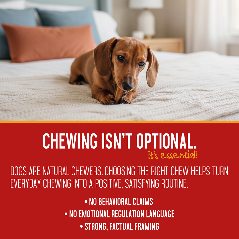 Dog enjoying a 4-inch bully stick — panel on making everyday chewing a positive, satisfying routine