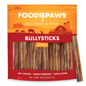 6-Inch Jumbo Bully Sticks in a resealable Foodiepaws bag with thick natural beef bully sticks in front