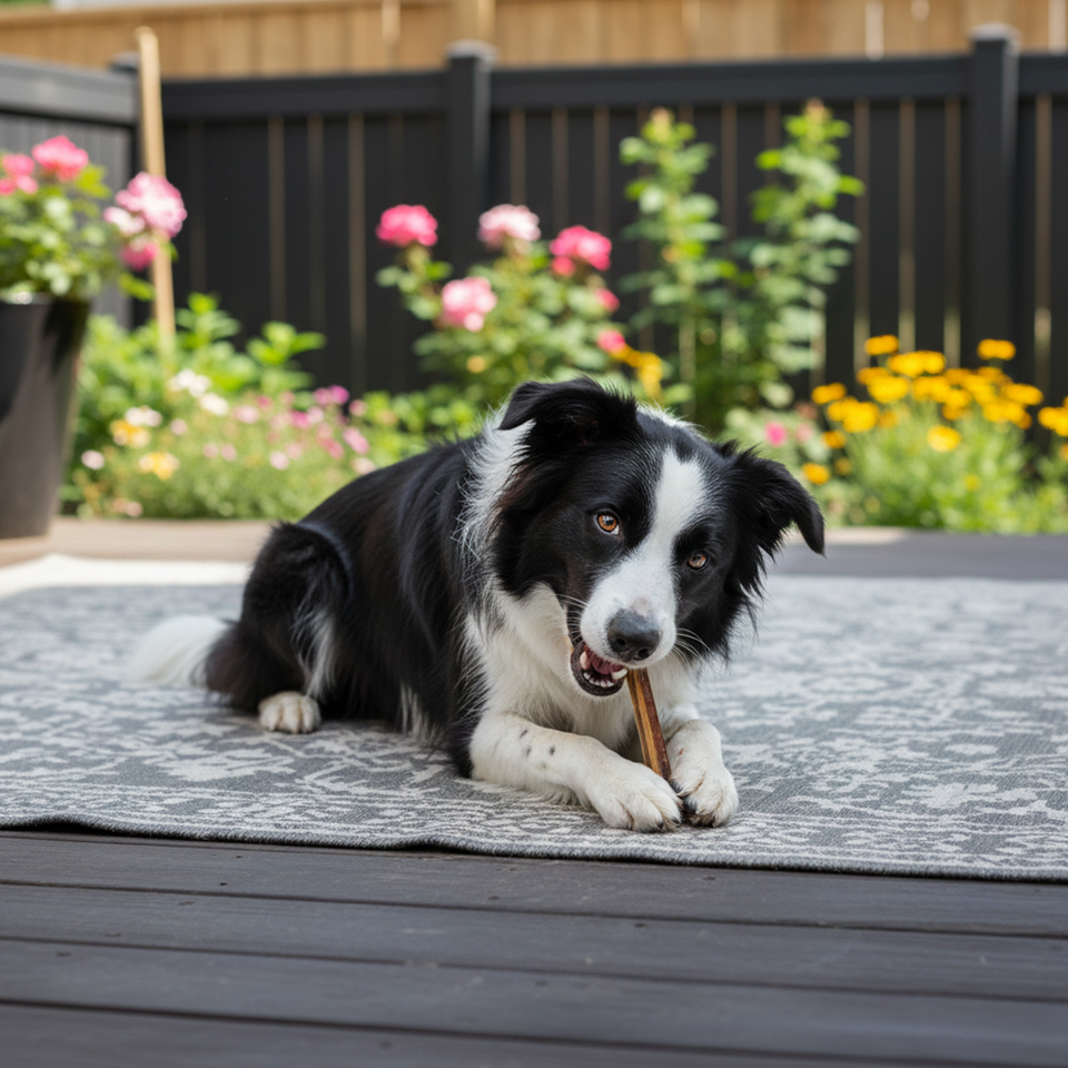 Dog chewing a 6-Inch Jumbo Bully Stick at home