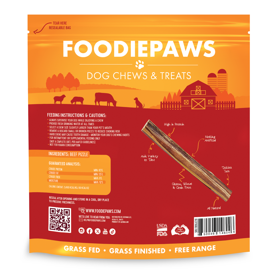 Back of the 6-Inch Jumbo Bully Sticks bag with feeding instructions, ingredients, and guaranteed analysis