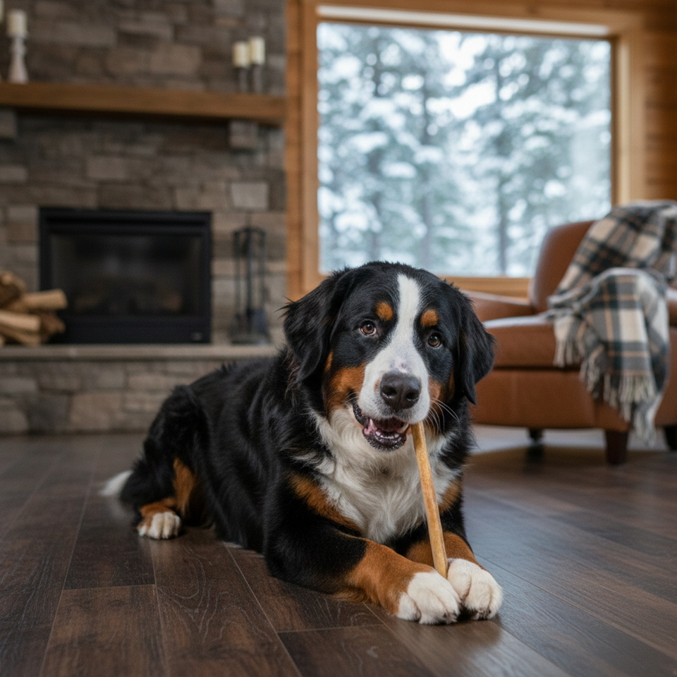 Dog chewing a 12-Inch Bully Stick at home