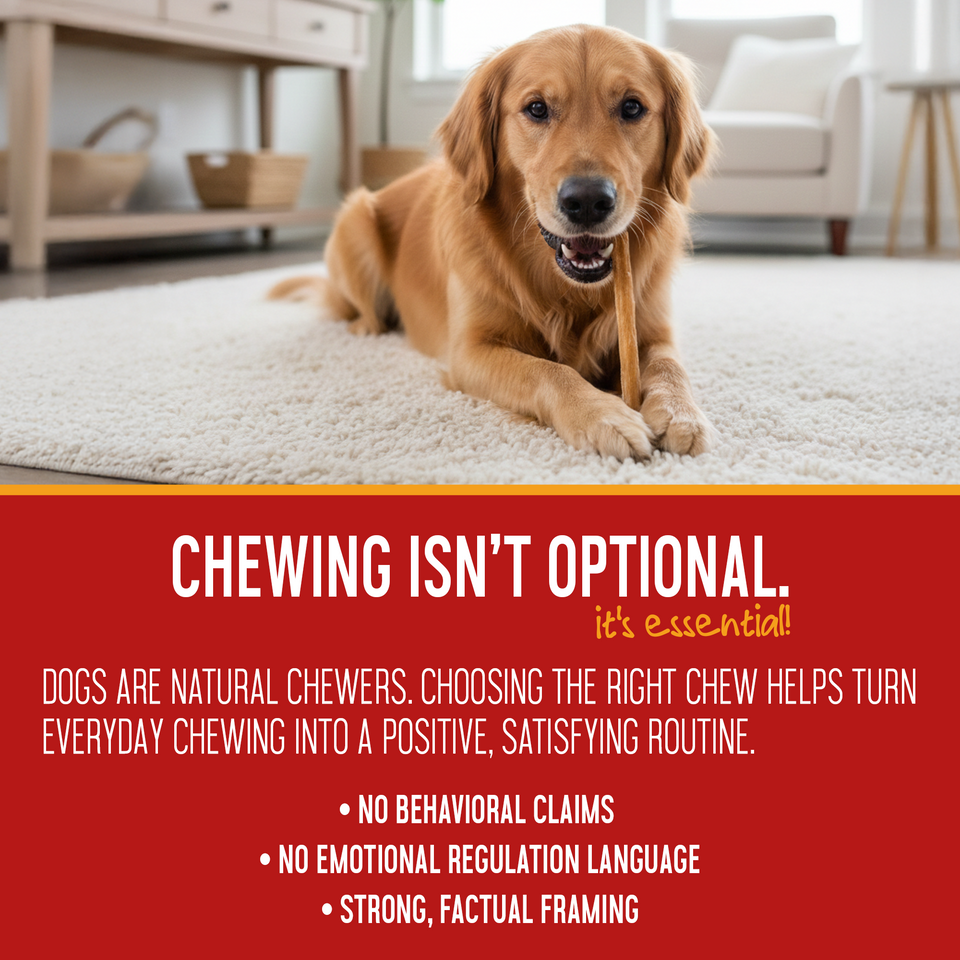 Dog enjoying a 12-inch bully stick — panel on making everyday chewing a positive, satisfying routine