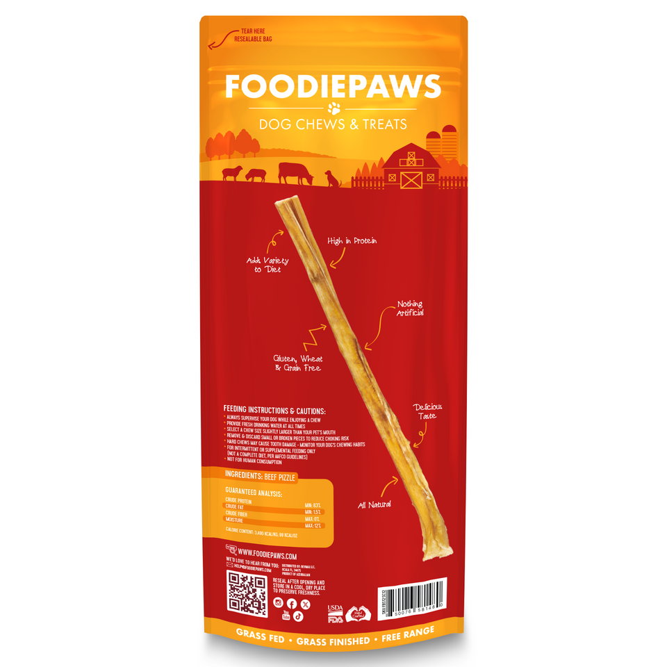 Back of the 12-Inch Bully Sticks bag with feeding instructions, ingredients, and guaranteed analysis