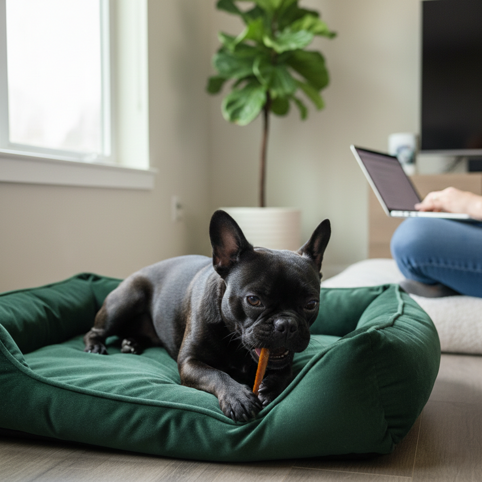 French bulldog chewing a 6-Inch Bully Stick in a green dog bed at home