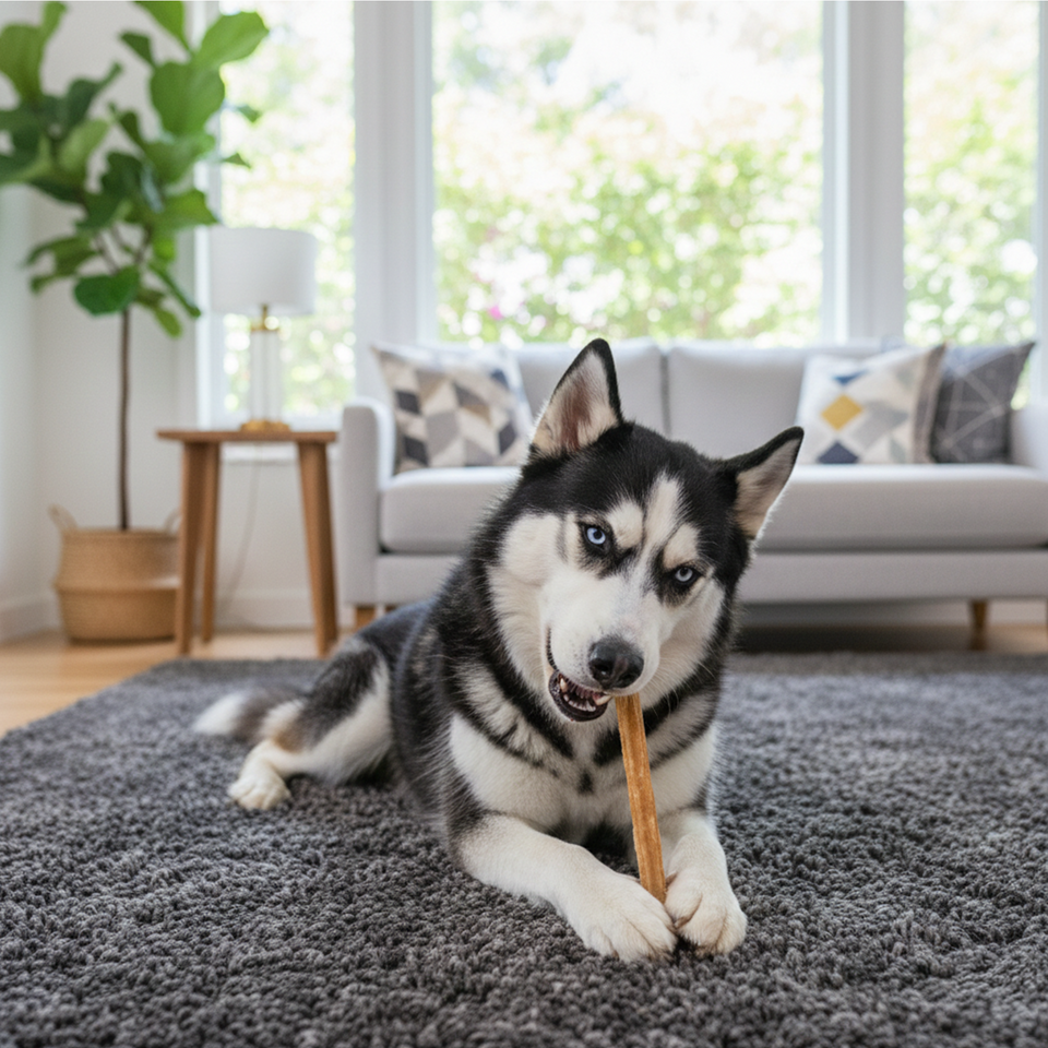Dog chewing a 12-Inch Jumbo Bully Stick at home