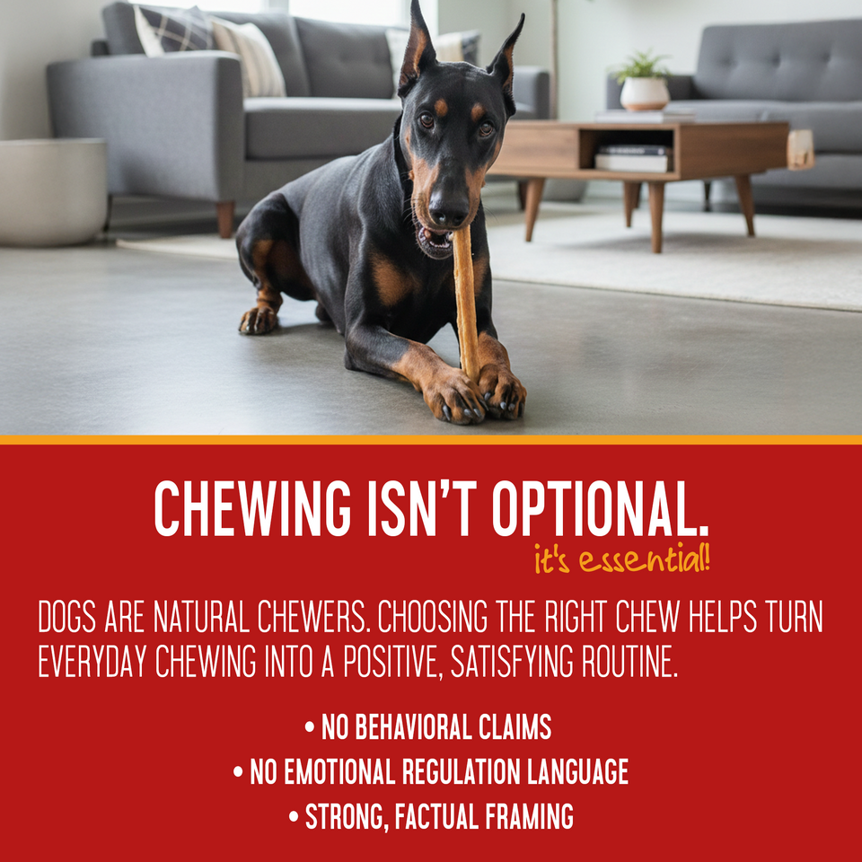 Dog enjoying a 12-inch jumbo bully stick — panel on making everyday chewing a positive routine
