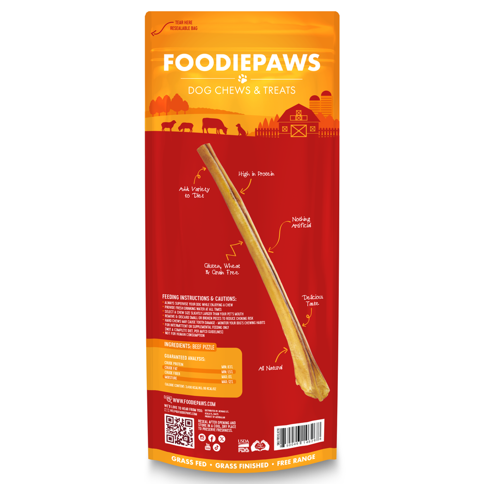 Back of the 12-Inch Jumbo Bully Sticks bag with feeding instructions, ingredients, and guaranteed analysis