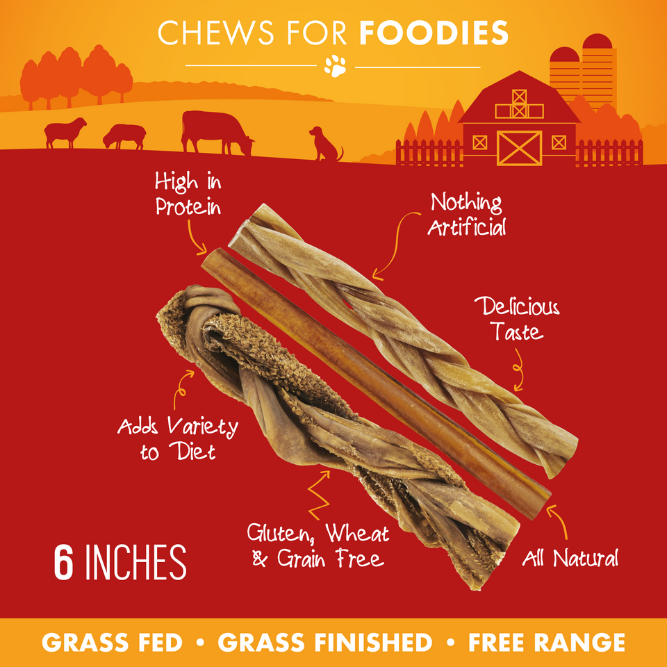 Lamb collagen, tripe, and thin bully stick variety chews with callouts including high in protein and all natural