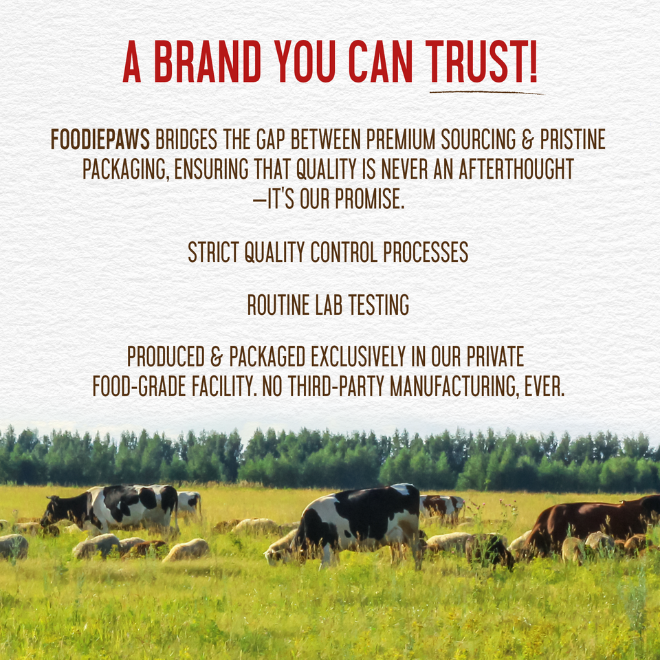 Foodiepaws trust panel for the 15-count variety pack: lab testing, private facility, grazing livestock on pasture