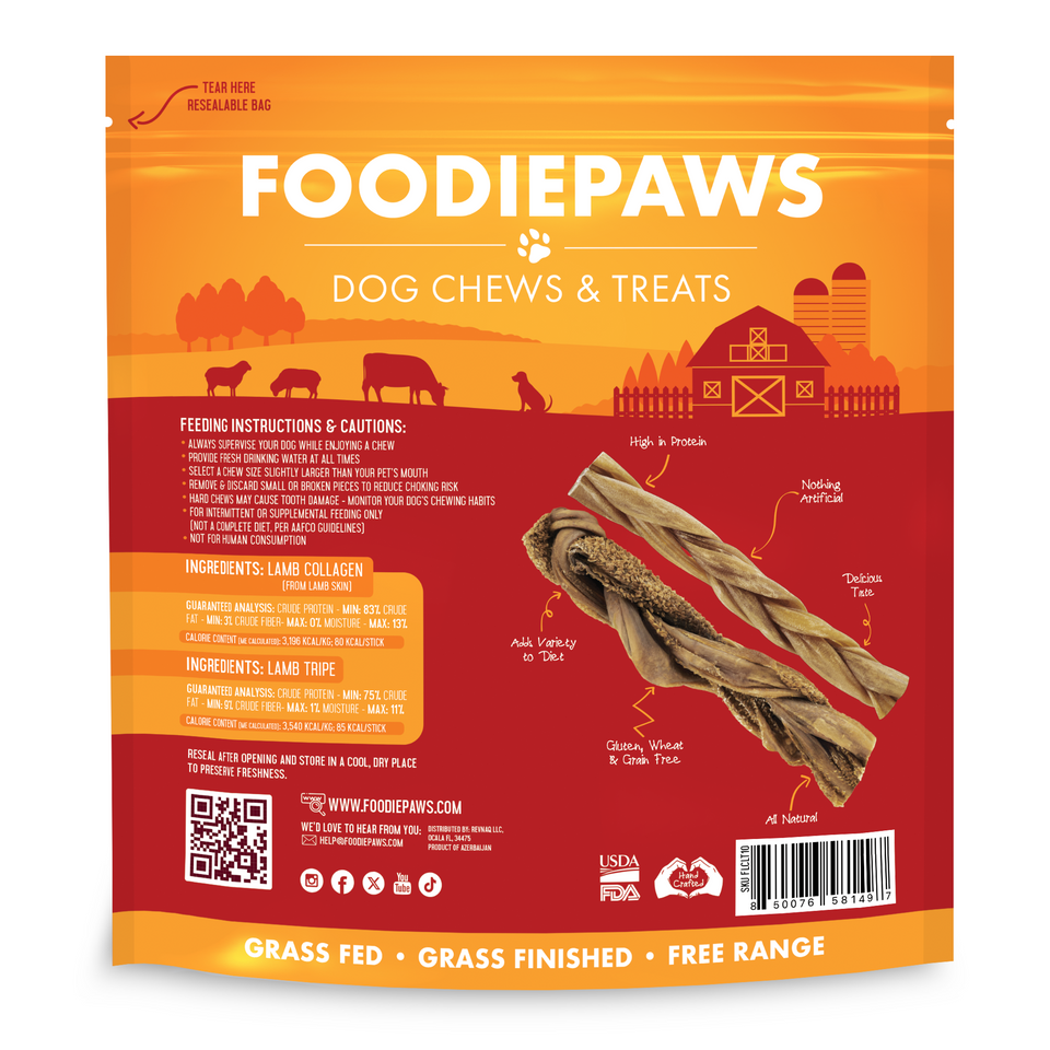 Back of the Lamb Collagen & Tripe Variety Pack bag with feeding instructions, ingredients, and guaranteed analysis
