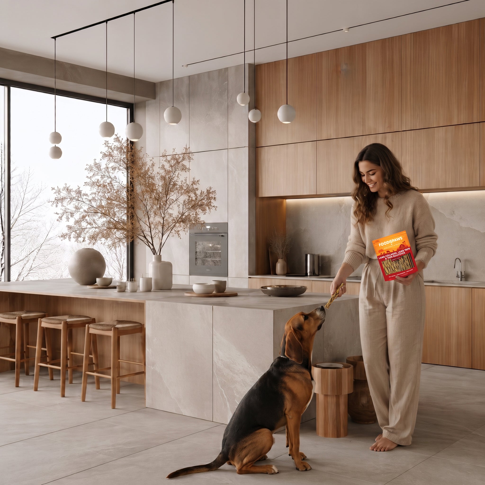 A woman offering a Foodiepaws chew to her hound in a bright modern kitchen