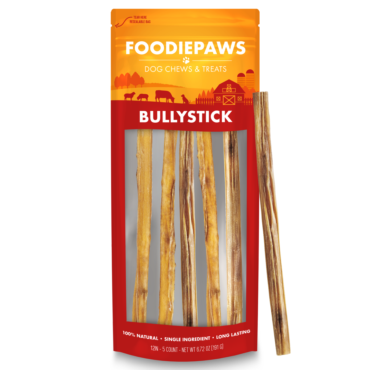 FoodiePaws 12-Inch Bully Sticks — 5 Pack resealable bag