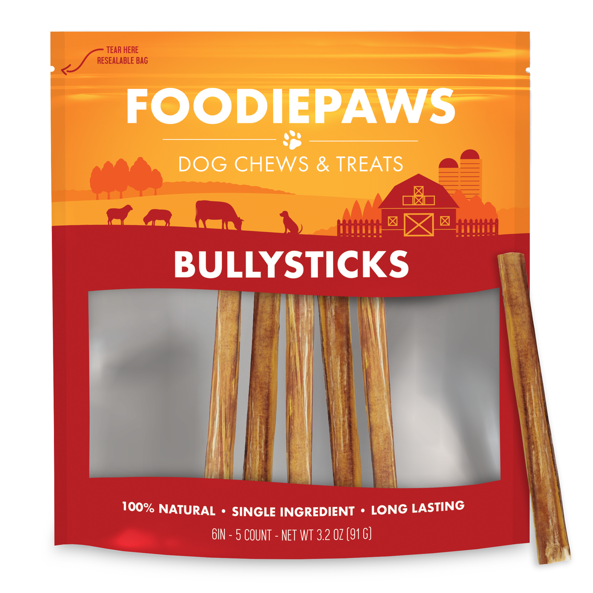 FoodiePaws 6-Inch Bully Sticks — 5 Pack resealable bag
