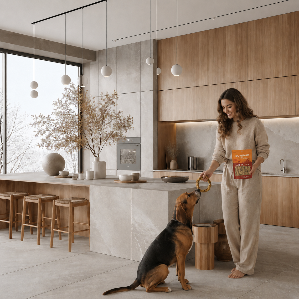 A woman offering a Foodiepaws chew to her hound in a bright modern kitchen