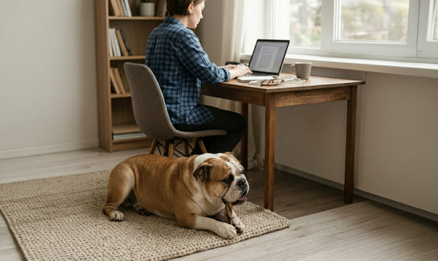 Bulldog working on a chew under a desk
