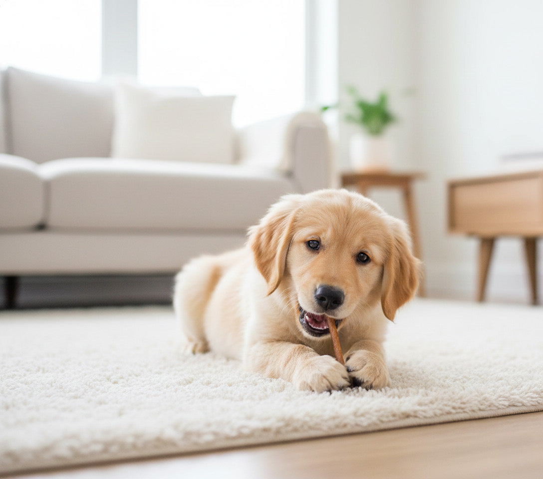 Golden retriever puppy chewing a small stick